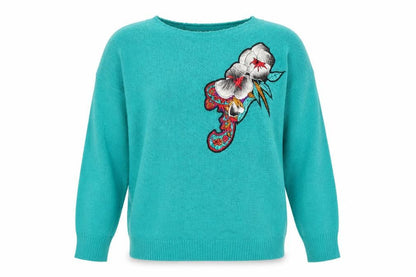 TanJay Women Green Acrylic Crew Neck Embroidered Flower Jumper L