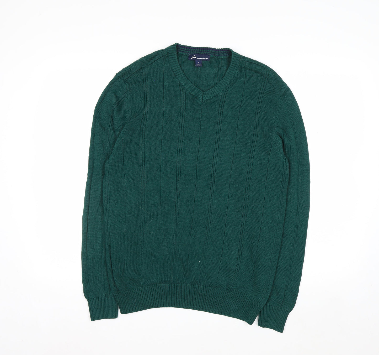 John Ashford Men's Green V-Neck Cotton Jumper Size S