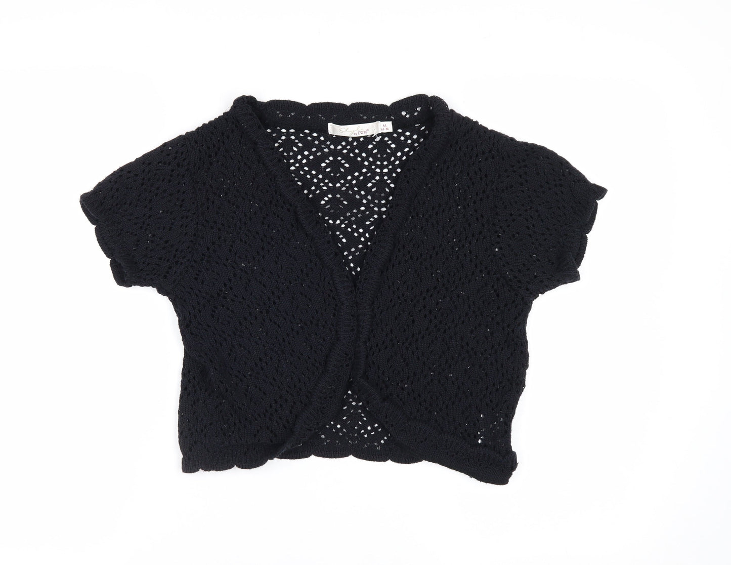 Style by EWM Women Black Crochet Open Cardigan Size 14 Short Sleeve