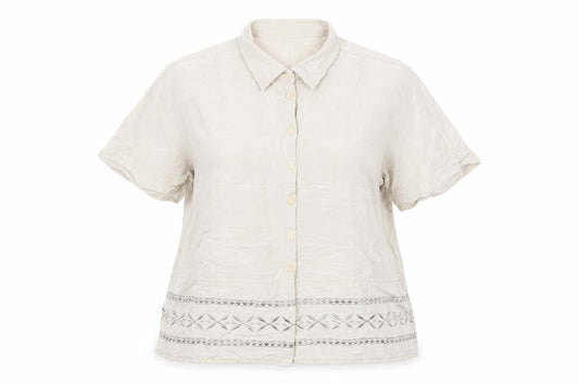 OPUS Women's Beige Linen Blend Embroidered Button-Up Shirt Size 18