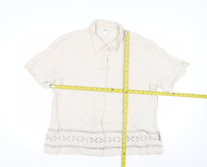 Opus Women's Beige Linen Blend Embroidered Button-Up Shirt Size 18