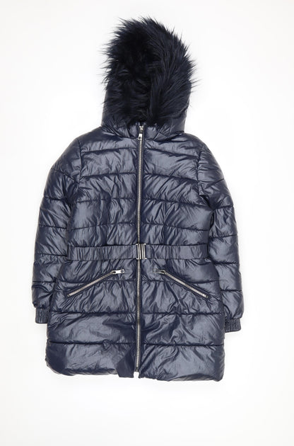 Marks and Spencer Girls Blue Hooded Belted Puffer Coat 11-12 Years