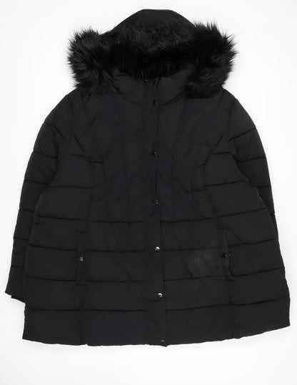 Yours Women's Black Long Puffer Coat Faux Fur Hood Plus Size 30-32
