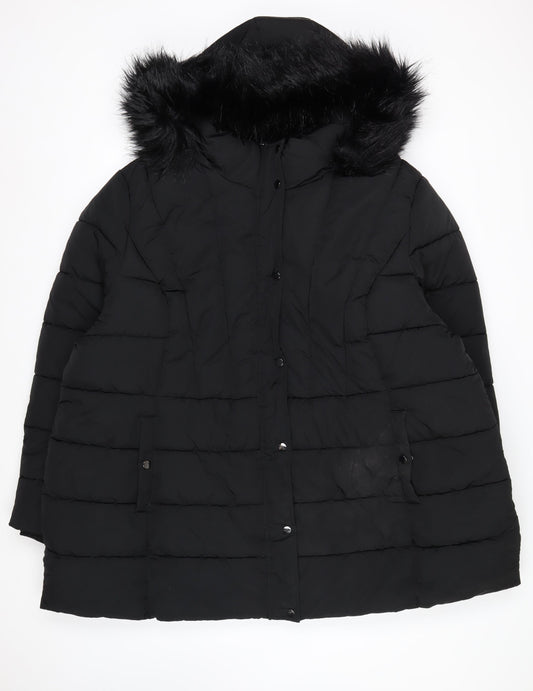 Yours Women's Black Long Puffer Coat Faux Fur Hood Plus Size 30-32