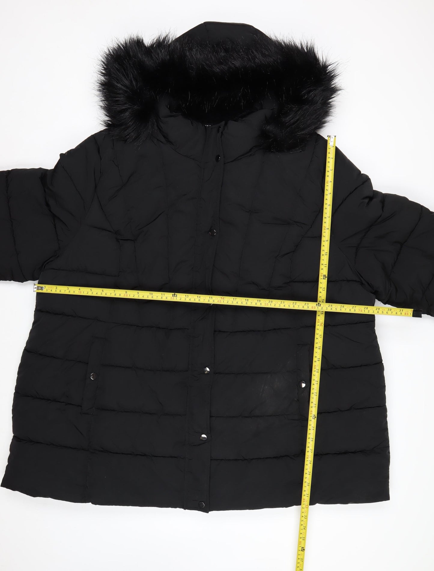 Yours Women's Black Long Puffer Coat Faux Fur Hood Plus Size 30-32