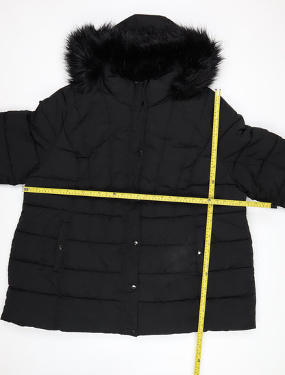 Yours Women's Black Long Puffer Coat Faux Fur Hood Plus Size 30-32