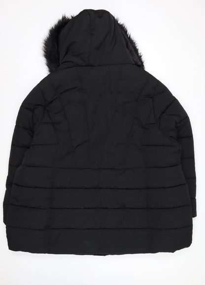 Yours Women's Black Long Puffer Coat Faux Fur Hood Plus Size 30-32