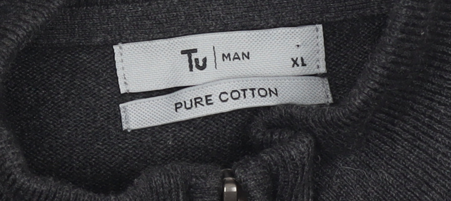 Tu Men's Grey XL 1/2 Zip Cotton High Neck Jumper