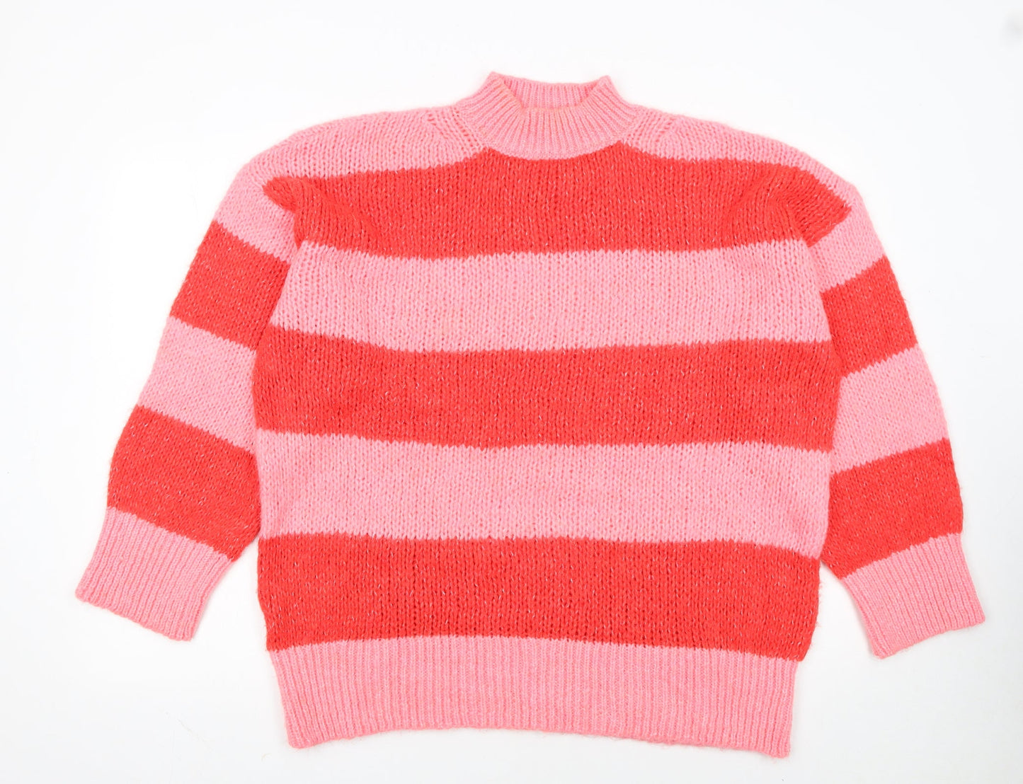 MNG Women Pink Red Striped Chunky Knit Mock Neck Pullover Jumper L