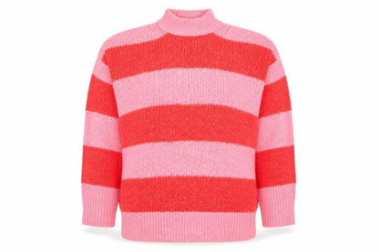 Mango Women Pink Red Striped Chunky Knit Mock Neck Pullover Jumper L