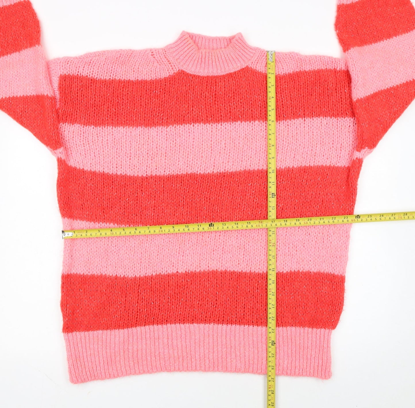 MNG Women Pink Red Striped Chunky Knit Mock Neck Pullover Jumper L