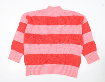 MNG Women Pink Red Striped Chunky Knit Mock Neck Pullover Jumper L