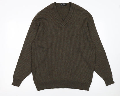 Jaeger Men’s Brown Wool V-Neck Ribbed Jumper XL Made in Great Britain