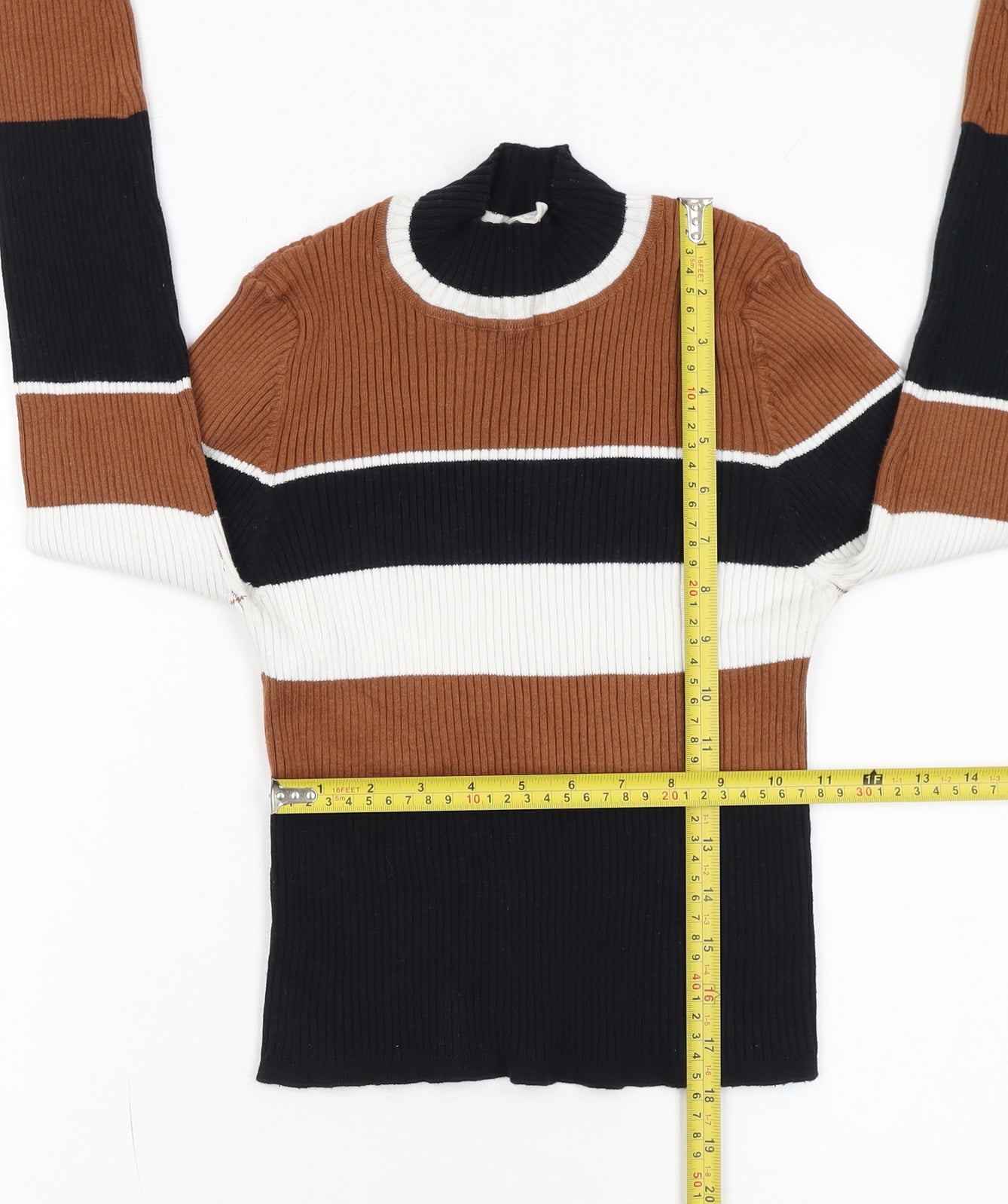 Forever 21 Women’s Multicoloured Ribbed High Neck Striped Jumper Size M