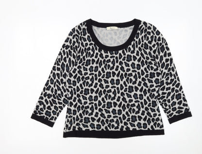 Precis Women Grey Leopard Print Scoop Neck Pullover Jumper Size S