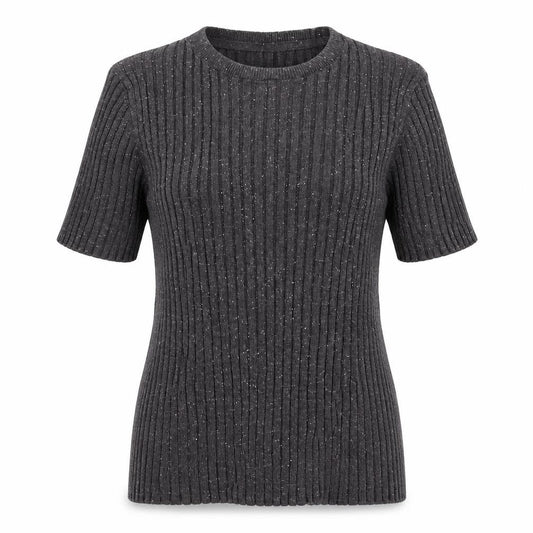 10018 NYC Women's Grey Ribbed Short Sleeve Knit Jumper Size S