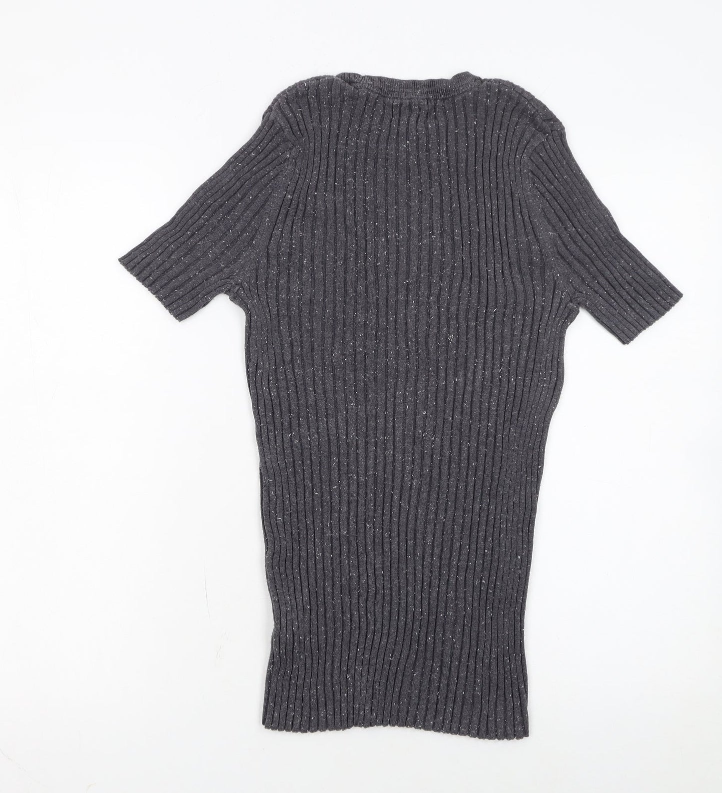 10018 NYC Women's Grey Ribbed Short Sleeve Knit Jumper Size S
