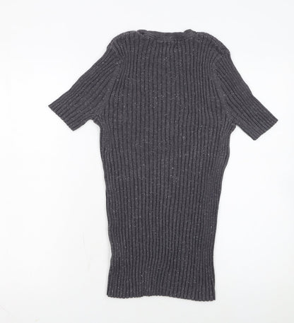 10018 NYC Women's Grey Ribbed Short Sleeve Knit Jumper Size S