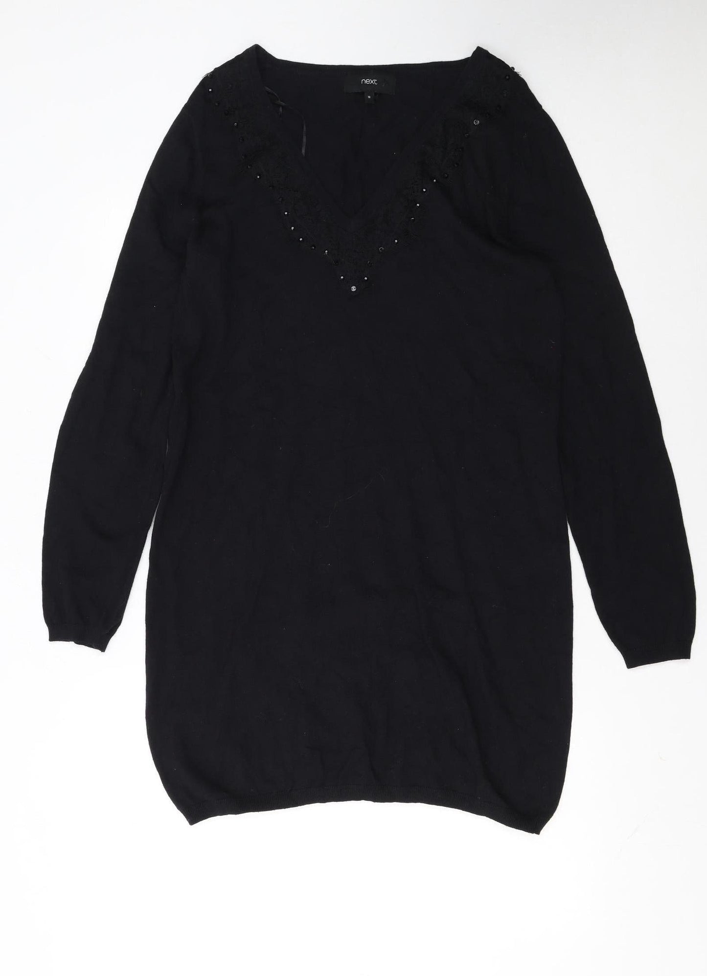 Next Women’s Black Jumper Dress Size 16 Knit V-Neck Beaded Detail
