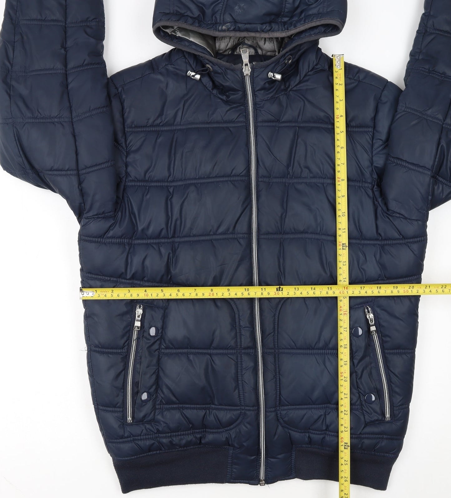 Celio Men's Blue Hooded Puffer Jacket Size M Full Zip Winter Coat