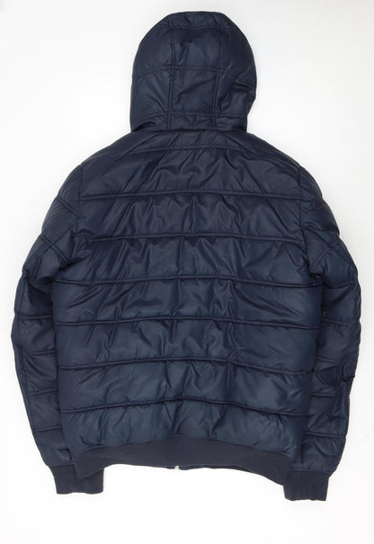 Celio Men's Blue Hooded Puffer Jacket Size M Full Zip Winter Coat