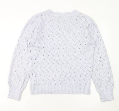 Marks and Spencer Women's White V-Neck Open-Knit Jumper Size S