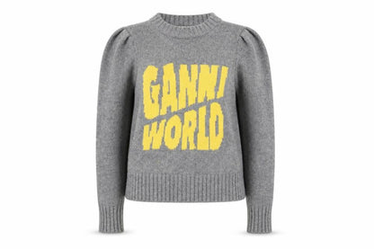 Ganni Womens Grey Wool Graphic Logo Pullover Jumper XXS