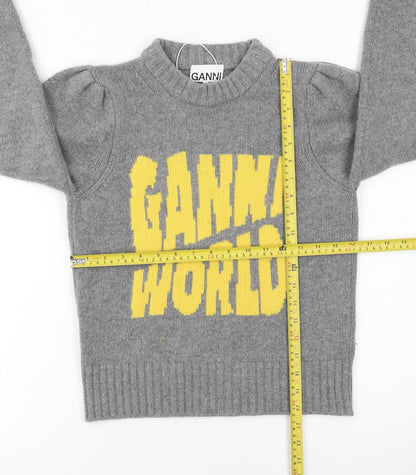 Ganni Womens Grey Wool Graphic Logo Pullover Jumper XXS