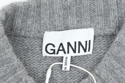 Ganni Womens Grey Wool Graphic Logo Pullover Jumper XXS