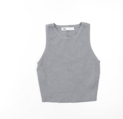 Zara Women Grey Cropped Tank Top Size S Stretch Knit Viscose Blend