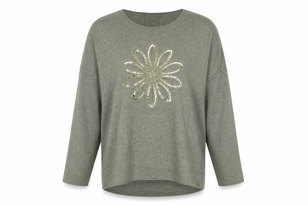 Blue Vanilla Women's Green Sequin Flower Pullover Jumper One Size
