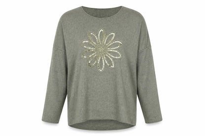 Blue Vanilla Women's Green Sequin Flower Pullover Jumper One Size