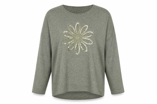 Blue Vanilla Women's Green Sequin Flower Pullover Jumper One Size