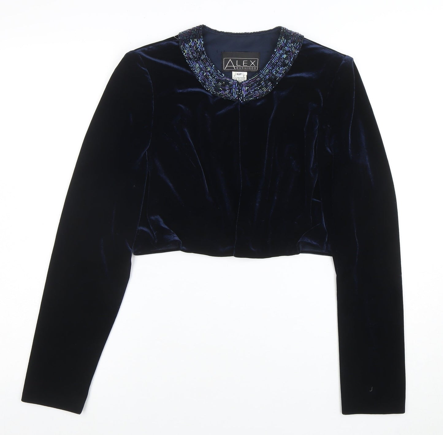 Alex Evenings Women's Blue Velvet Beaded Cropped Suit Jacket Size 6P