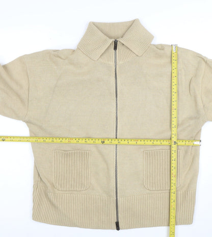 Marks and Spencer Women Beige Full Zip Collared Cotton Jumper L