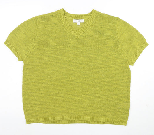 Marks and Spencer Women’s Green Cotton Blend V-Neck Short Sleeve Jumper Size L