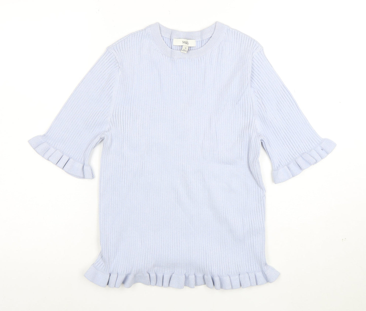 Marks and Spencer Women's Blue Ruffle Knit Short Sleeve Top M