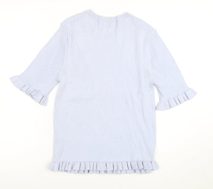 Marks and Spencer Women's Blue Ruffle Knit Short Sleeve Top M