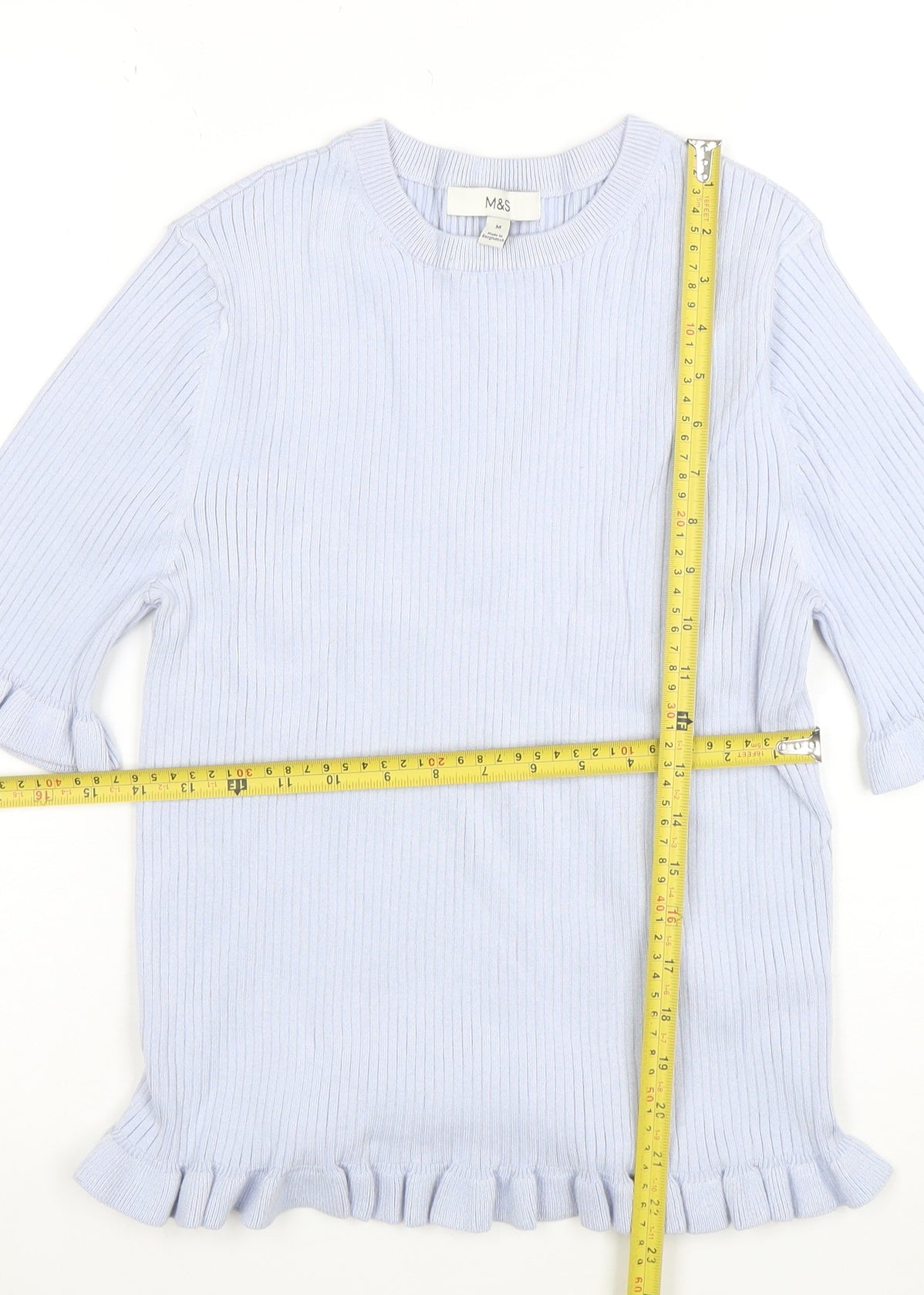 Marks and Spencer Women's Blue Ruffle Knit Short Sleeve Top M