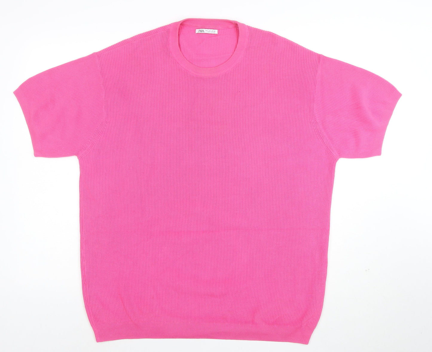 ZARA Women Pink Cotton Knit Short Sleeve T-Shirt Size L