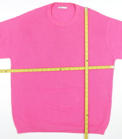 ZARA Women Pink Cotton Knit Short Sleeve T-Shirt Size L