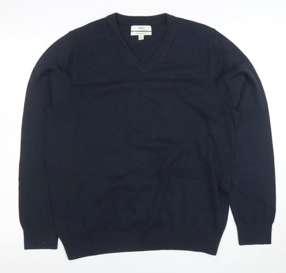 Marks and Spencer Men's Blue Cotton V-Neck Jumper Size L