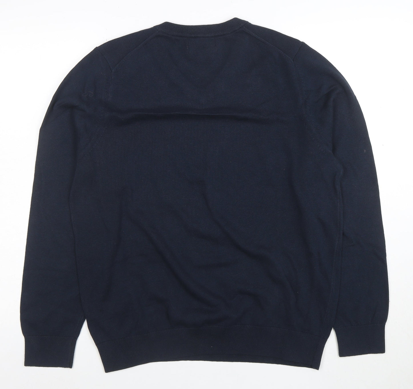 Marks and Spencer Men's Blue Cotton V-Neck Jumper Size L