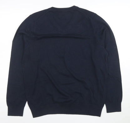 Marks and Spencer Men's Blue Cotton V-Neck Jumper Size L