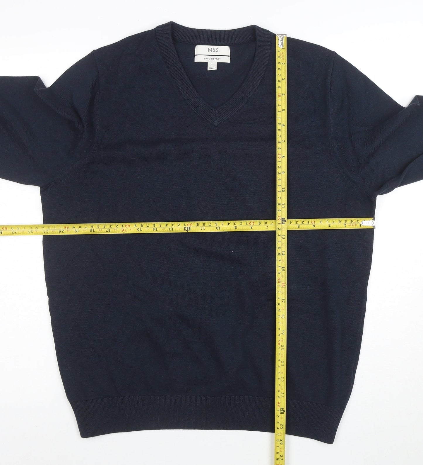 Marks and Spencer Men's Blue Cotton V-Neck Jumper Size L