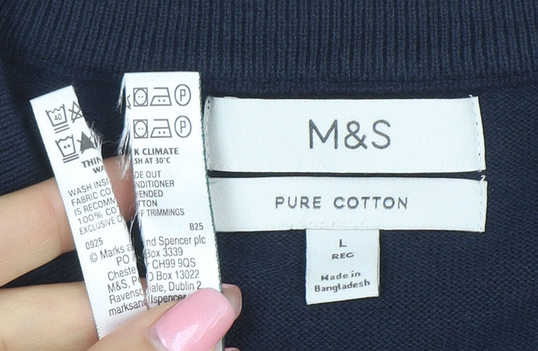 Marks and Spencer Men's Blue Cotton V-Neck Jumper Size L