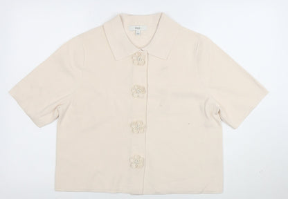 Marks and Spencer Women Beige L Cardigan Short Sleeve Flower Button Knit