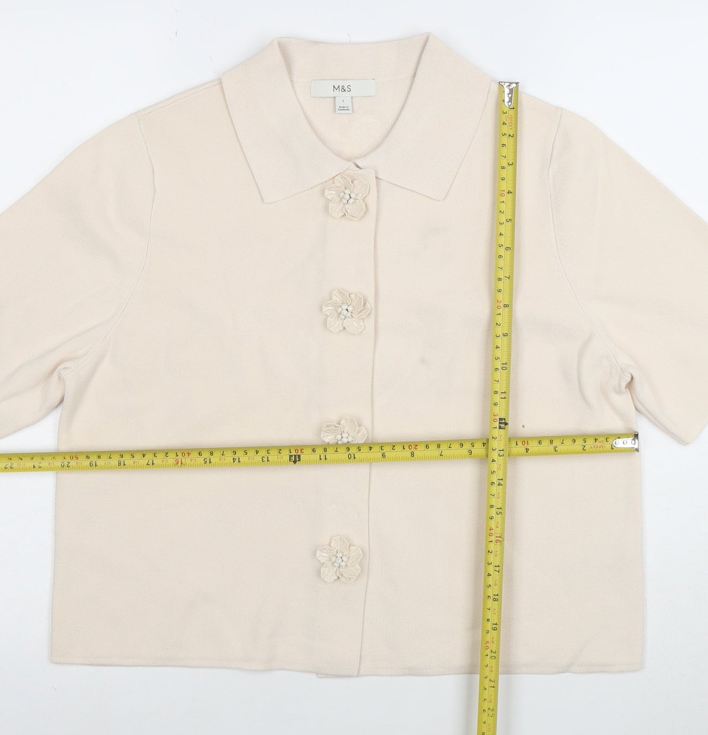 Marks and Spencer Women Beige L Cardigan Short Sleeve Flower Button Knit