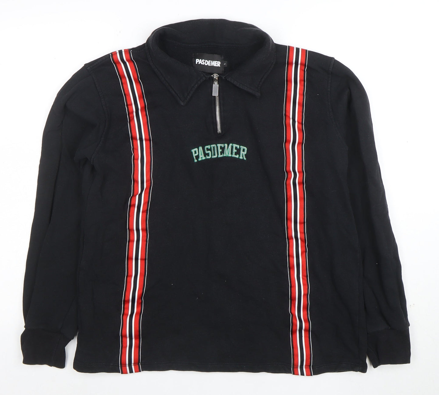 PASDEMER Men's Black L 1/4 Zip Collared Striped Sweatshirt