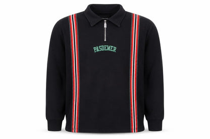 PASDEMER Men's Black L 1/4 Zip Collared Striped Sweatshirt